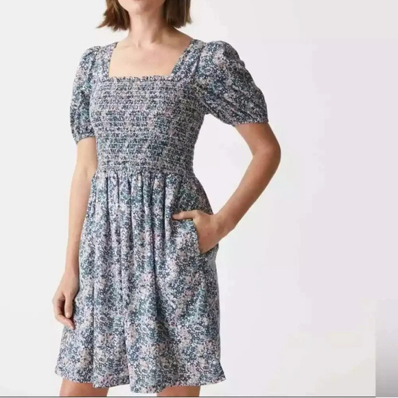 Michael Stars Jude Floral Smocked A Line Mini Dress Blue Pink Small NWT Spring - Picture 1 of 9